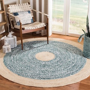 Cape Cod Light Blue/Natural Doormat 3 ft. x 3 ft. Braided Round Area Rug