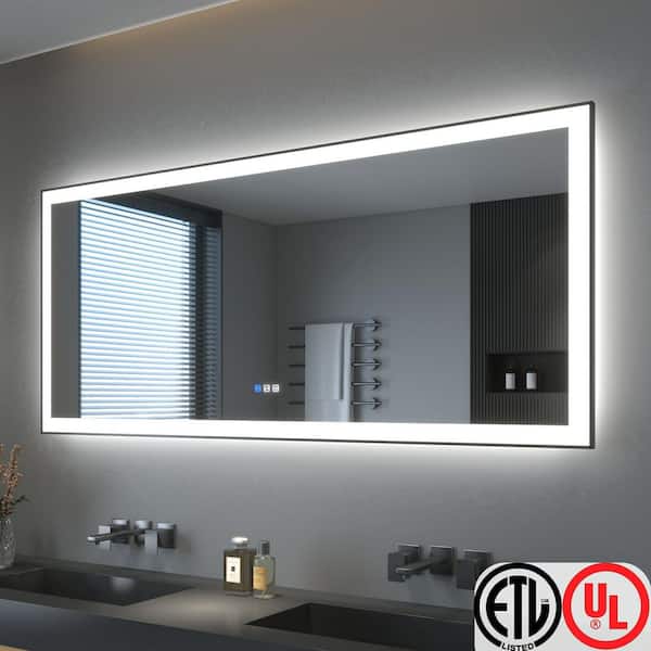 72 in. W x 32 in. H Rectangular Framed LED Anti-Fog Wall Bathroom Vanity Mirror in Black with Backlit and Front Light