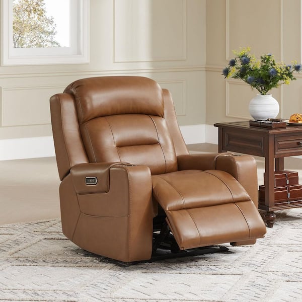 Spruce & Spring Finn Saddle Genuine Leather Power Recliner Chair with Power Headrest,Pockets, Cup Holders and USB & Type-C Charging Port