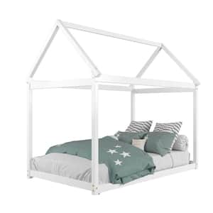 Twin House Bed Wood Frame with Roof for Kids Toddler No Box Spring White