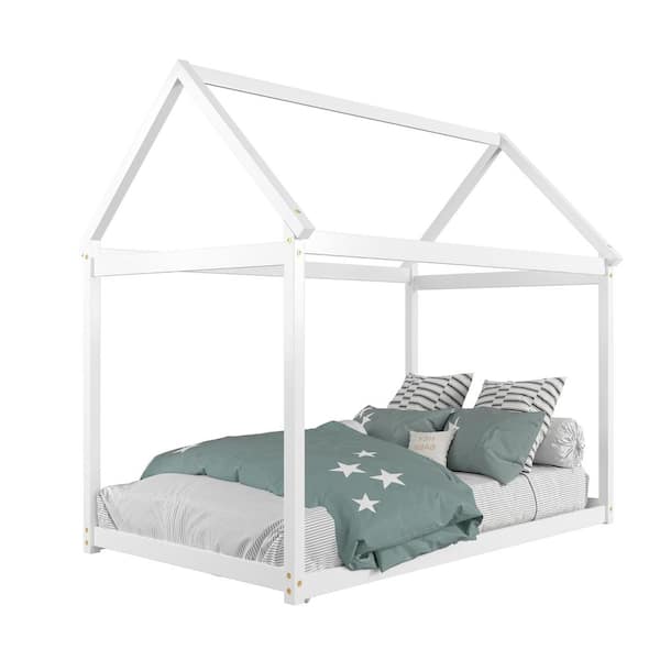 Costway Twin House Bed Wood Frame with Roof for Kids Toddler No Box Spring White