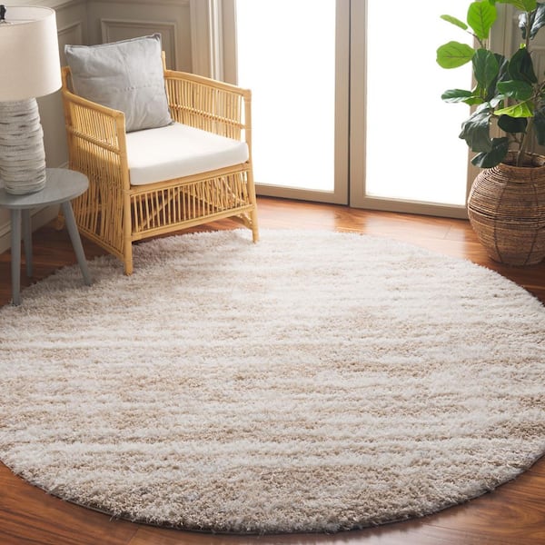 Lindsay Shag 7 ft. x 7 ft. Beige/Ivory Abstract Striped Round Area Rug