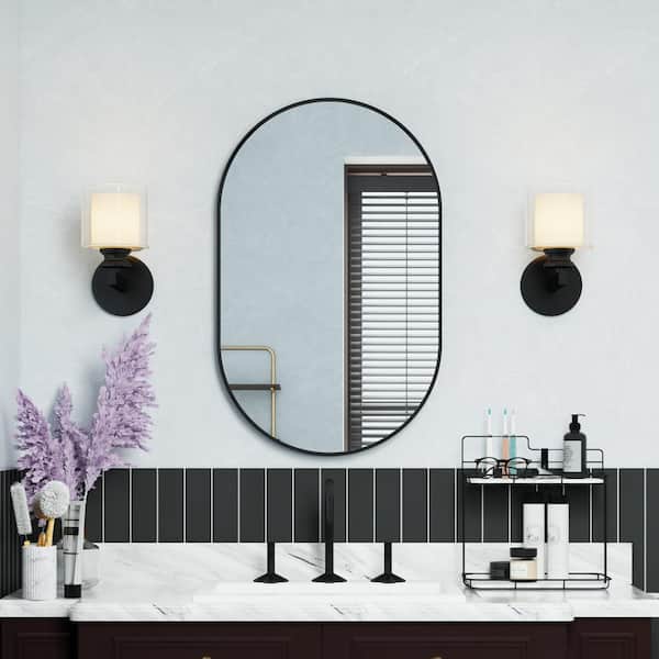 FORCLOVER 20 in. W x 32 in. H Oval Framed Wall Mount Bathroom Vanity Mirror in Black