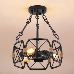 12.2 in. 3-Light Black Retro Farmhouse Round Chandelier for Dining Room Entryway Kitchen Hallway with No Bulbs Included