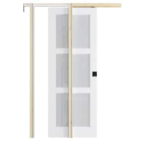 32 in. x 80 in. 3-Lite Glass Primed Door with White Pocket Door Frame and Hardware (Soft Close and Black Lock Incl)