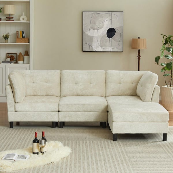 STICKON 99.41 in. Sraight Arm Chenille L-Shape Sectional Sofa with Ottoman in Beige