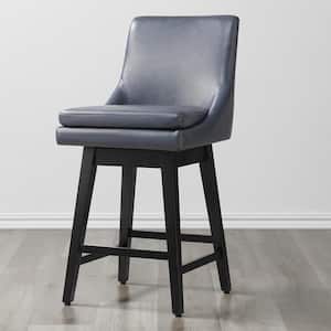 Fiona 26.8 in. Navy Blue Solid Wood Frame Swivel Counter Height Bar Stool with Faux Leather Seat and Back