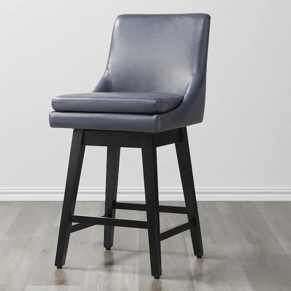 Spruce & Spring Fiona 26.8 in. Navy Blue Solid Wood Frame Swivel Counter Height Bar Stool with Faux Leather Seat and Back