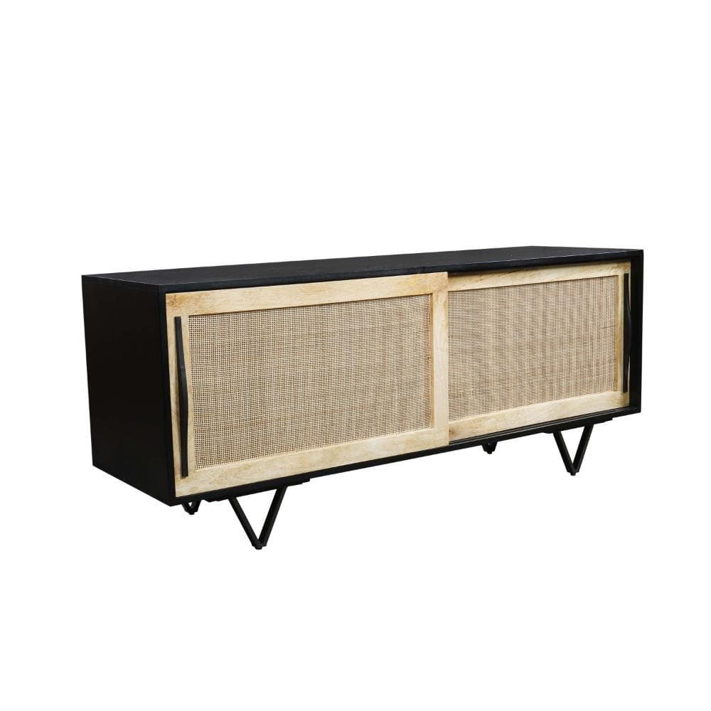 60" Black and Natural Wood TV Media Console with Cane Doors
