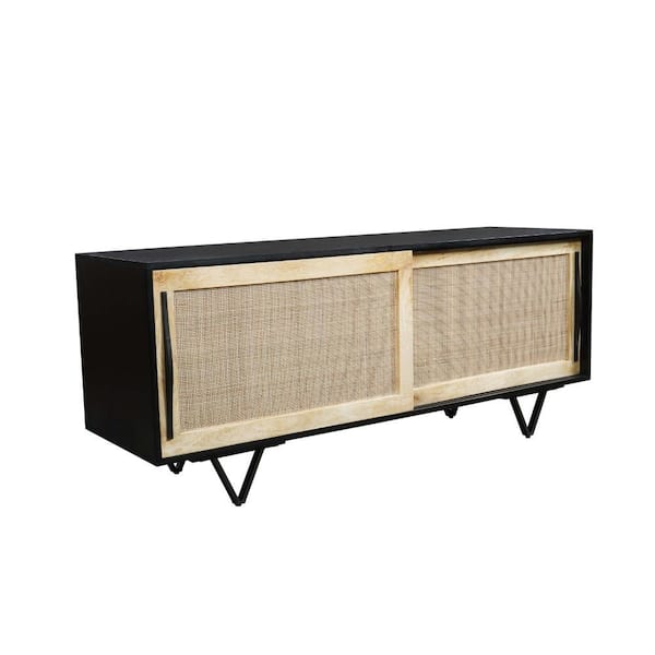 THE URBAN PORT Natural Brown And Matte Black Finish Handcrafted TV Media Console Fits TVs up to 58 in. with Rattan Sliding Doors
