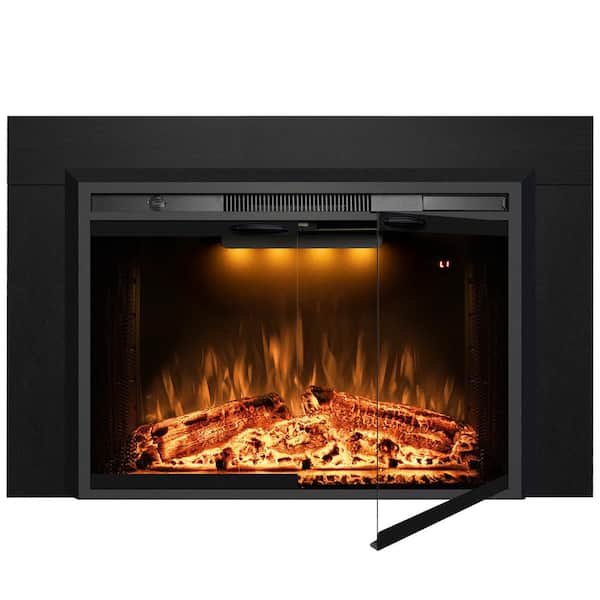 Delandgrand 39.4 in. W Electric Fireplace Inserts with Trim Kit, 3-Flames Colors, Glass Door and Mesh Screen, Black