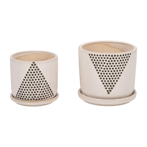 5 in. and 6 in. White Ceramic Triangle Dots with Saucer Planters (Set of 2)