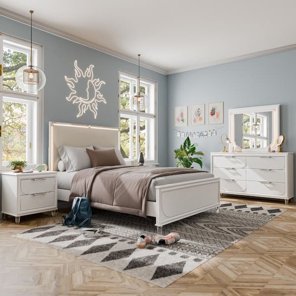 Glosan 5-Piece Pearl White Wood Frame Full Platform Bedroom Set with LED on Headboard and Mirror, Hidden Jewelry Drawers