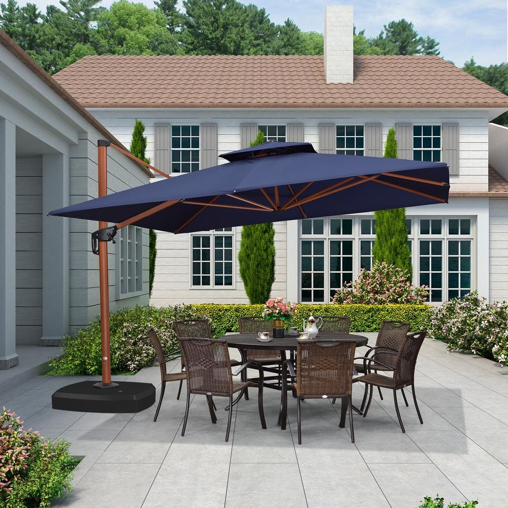 Navy Blue 11' Square Cantilever Patio Umbrella with Wood Grain Frame