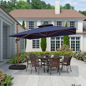 11 ft. Square Quality Aluminum Polyester Wood Pattern Patio Umbrella Cantilever Umbrella with Wheels Base, Navy Blue