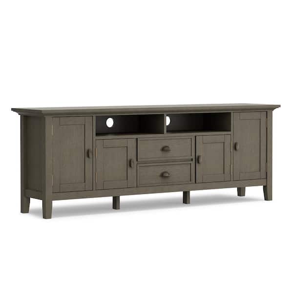 Simpli Home Redmond Solid Wood 72 in. Wide Transitional TV Media Stand in Farmhouse Grey for TVs up to 80 in.