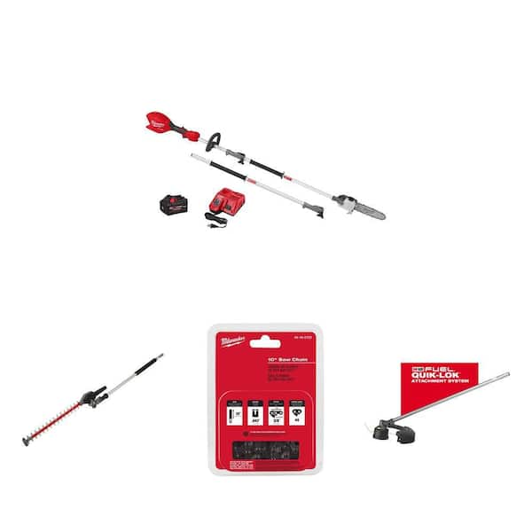 M18 Fuel 18V 10 in Pole Saw Kit, 8.0 Forge Battery, Hedge Trimmer, 16 in. String Trimmer Attachment and 10 in. Saw Chain