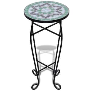 11.8 in. x 23.6 in. Round Metal Outdoor Side Table with Green and White Ceramic Tile Tabletop