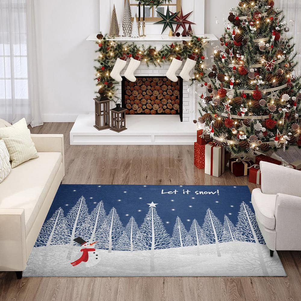 Cozy Winter Blue Rectangular Washable Holiday Rug 3' x 5'