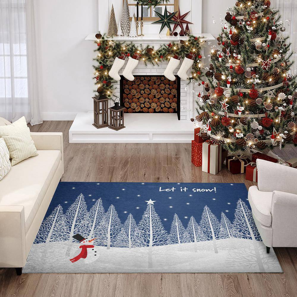 Cozy Winter Blue Rectangular Washable Holiday Rug 3' x 5'