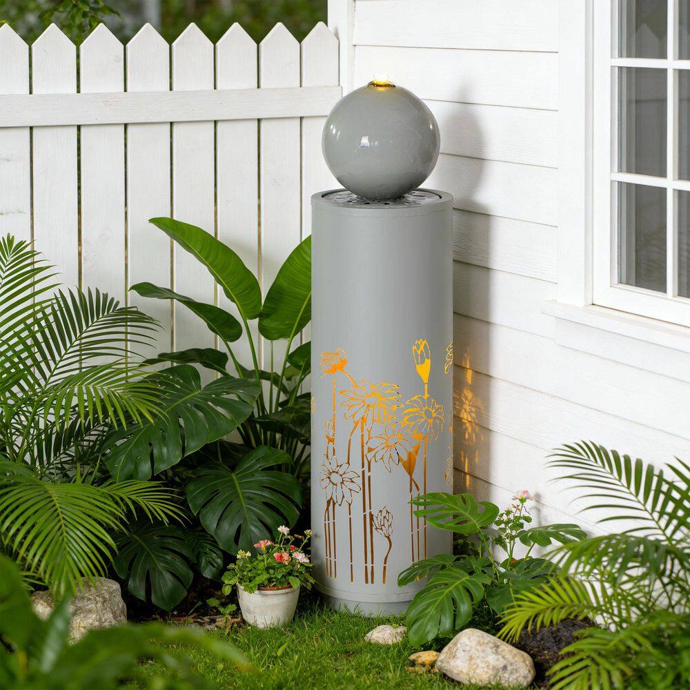 Draven 34.25 in. H Light Gray Metal Cutout Outdoor Waterfall Fountain with LED Light, Freestanding Sphere-Top price history on PriceWatchPro