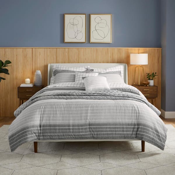 StyleWell Madison 9-Piece Gray Stripe Full/Queen Bed in a Bag Bedding Set