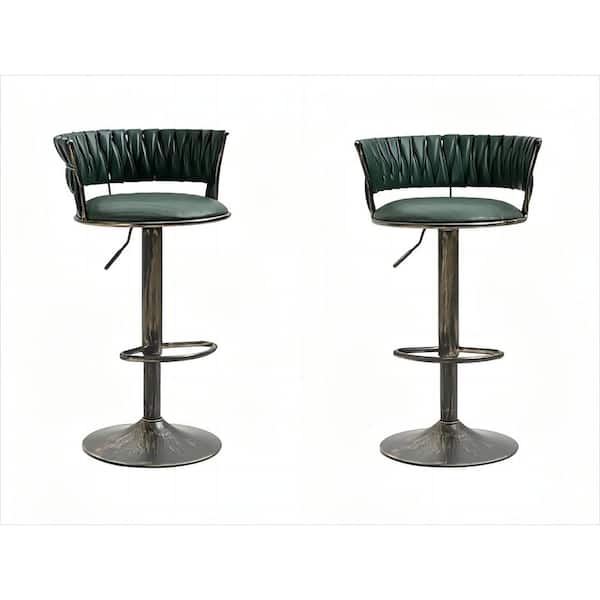 HOMEFUN 38 in. Deep Green Low Back Anti-Bronze Metal Frame Swivel Adjustable Height Cushioned Bar Stool with PU Seat (Set of 2)