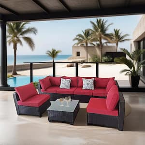 7-Piece Wicker Outdoor Sectional Sofa Set Patio Conversation Set with Red Cushion and Pillows for Patio, Garden