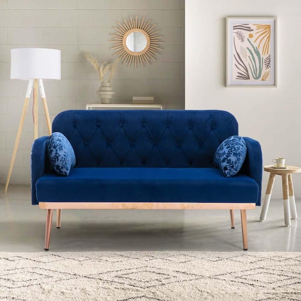 55 in. Wide Blue 2-Seat Square Arm Velvet Mid-Century Modern Straight Sofa