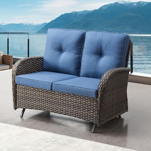 2-Person Wicker Patio Outdoor Glider with CushionGuard Blue Cushions