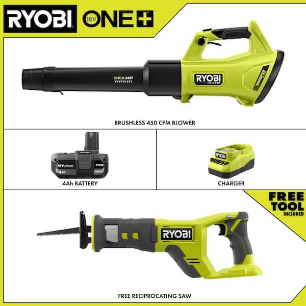 ONE+ HP 18V Brushless 450 CFM Cordless Leaf Blower with 4.0 Ah Battery, Charger, and FREE ONE+ 18V Reciprocating Saw