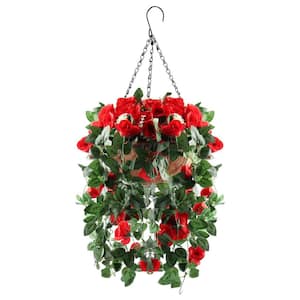 19.7 in. Fake Plant Hanging Plants with Basket, Artificial Vine Silk Rose Flower Hanging Plant