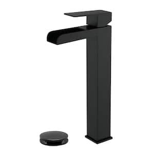 Single Handle Vessel Sink Faucet with Pop-Up Drain, Waterfall Single Hole Tall Bathroom Sink Faucet in Matte Black