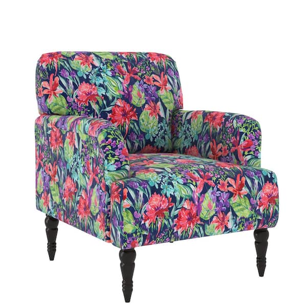 Handy Living Matrosova Multi-navy Blue Botanical Floral Print Fabric Arm Chair with Solid Wood Dark Espresso Legs