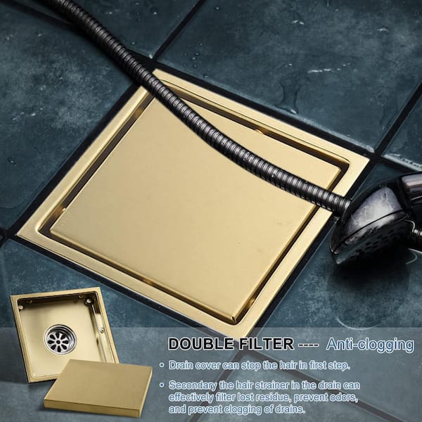 RBROHANT Bathroom 6-Inch Square Shower Drain Removable Cover Grid Grate Brushed Gold RB100G