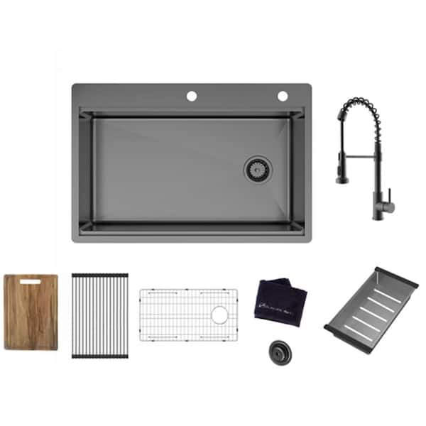 33 in. Dual Mount Single Bowl 18 Gauge Gunmetal Stainless Steel Workstation Kitchen Sink with Accessories and Faucet