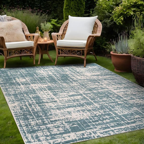 Atlas Teal 9 ft. x 12 ft. Rubber Back Washable Modern Canvas Indoor Outdoor Area Rug
