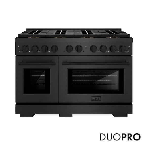 48 in. 6.7 cu. ft. Paramount Dual Fuel Range with 8 Burner DuoPro Cooktop and Dual Ovens in Black Satin Stainless Steel