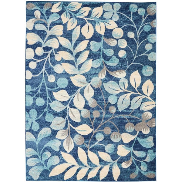 5 ft. x 7 ft. Blue and Beige Botanical Leaves Area Rug