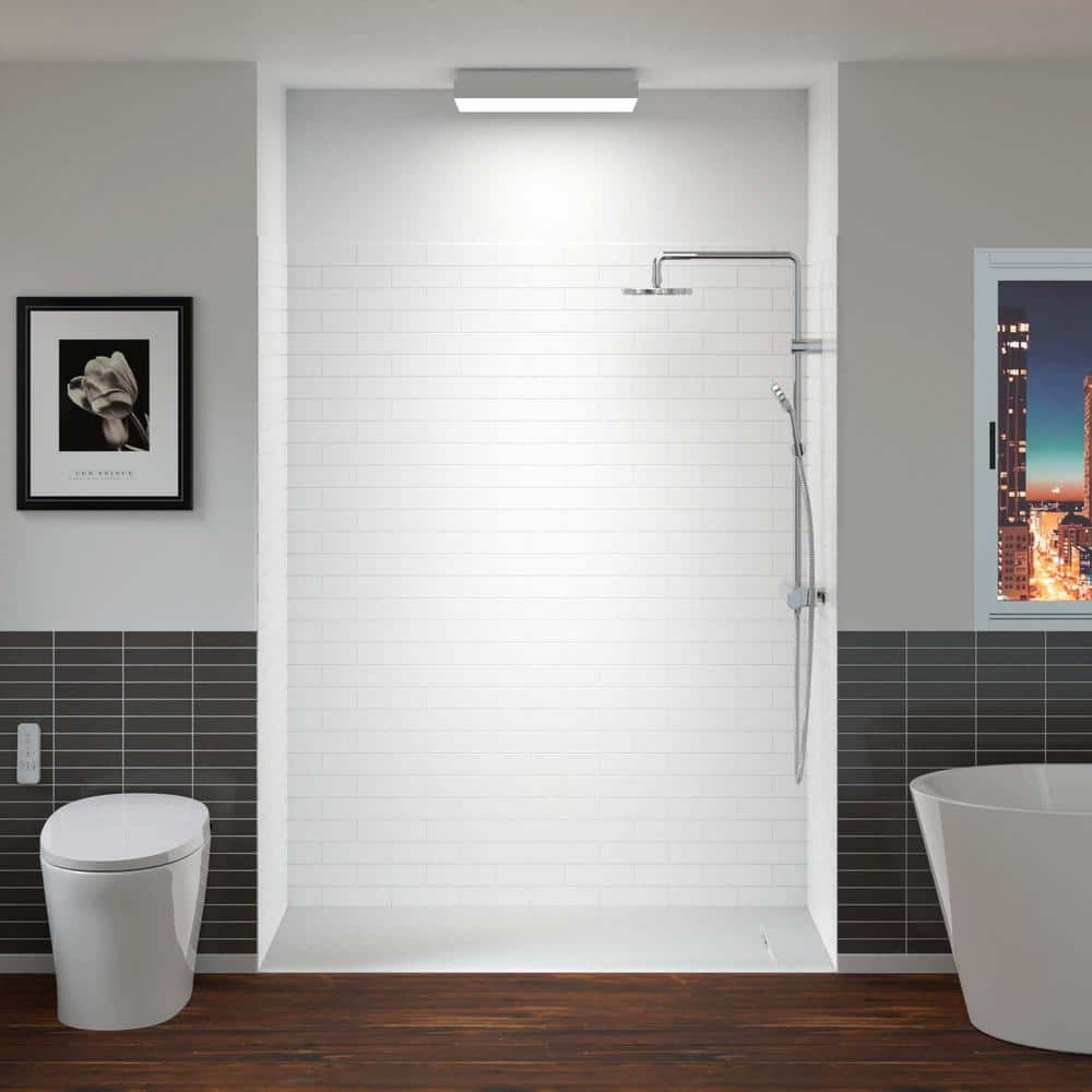 60'' White Smooth Surface Alcove Shower Kit with Brushed Nickel Trim
