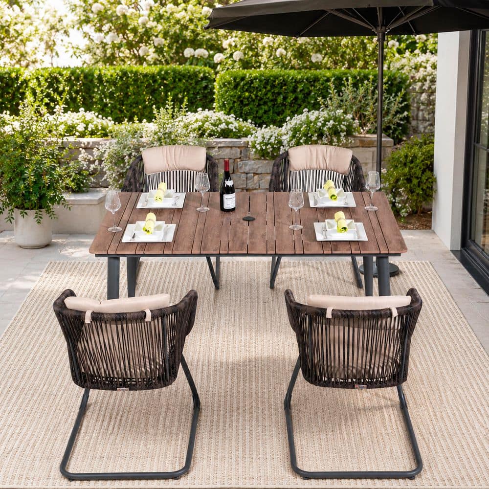 Brown 5-Piece Metal Rectangular Outdoor Dining Set with Beige Cushions price history on PriceWatchPro
