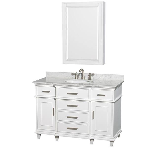 Wyndham Collection Berkeley 48 in. Vanity in White with Marble Vanity Top in White Carrara, Undermount Round Sink and Medicine Cabinet