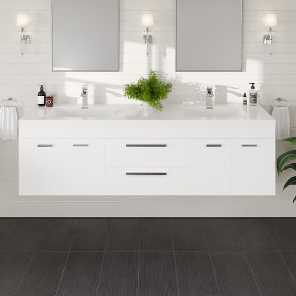 Lugano 72 in. Double Sink Floating White Bath Vanity with White Acrylic Top (Assembled)
