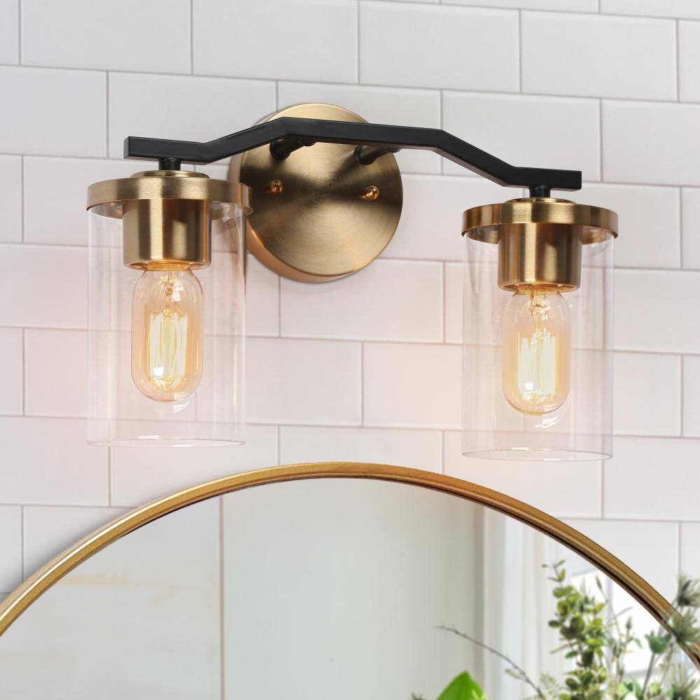 Farmhouse 14 in. 2-Light Brass Gold Wall Light, Modern Black Vanity Light for Mirror, Clear Glass Bathroom Wall Sconces price history on PriceWatchPro