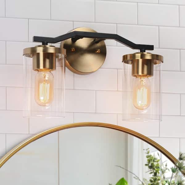 Zevni Farmhouse 14 in. 2-Light Brass Gold Wall Light, Modern Black Vanity Light for Mirror, Clear Glass Bathroom Wall Sconces