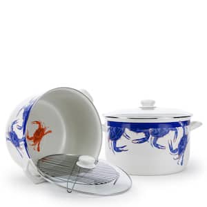 Blue Crab 18 qt. Porcelain-Coated Steel Stock Pot in Blue with Glass Lid