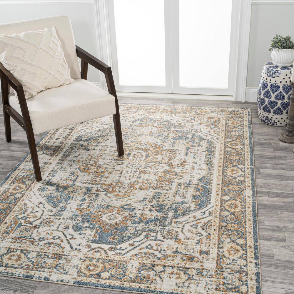 Blue and Cream Medallion Washable Synthetic Area Rug