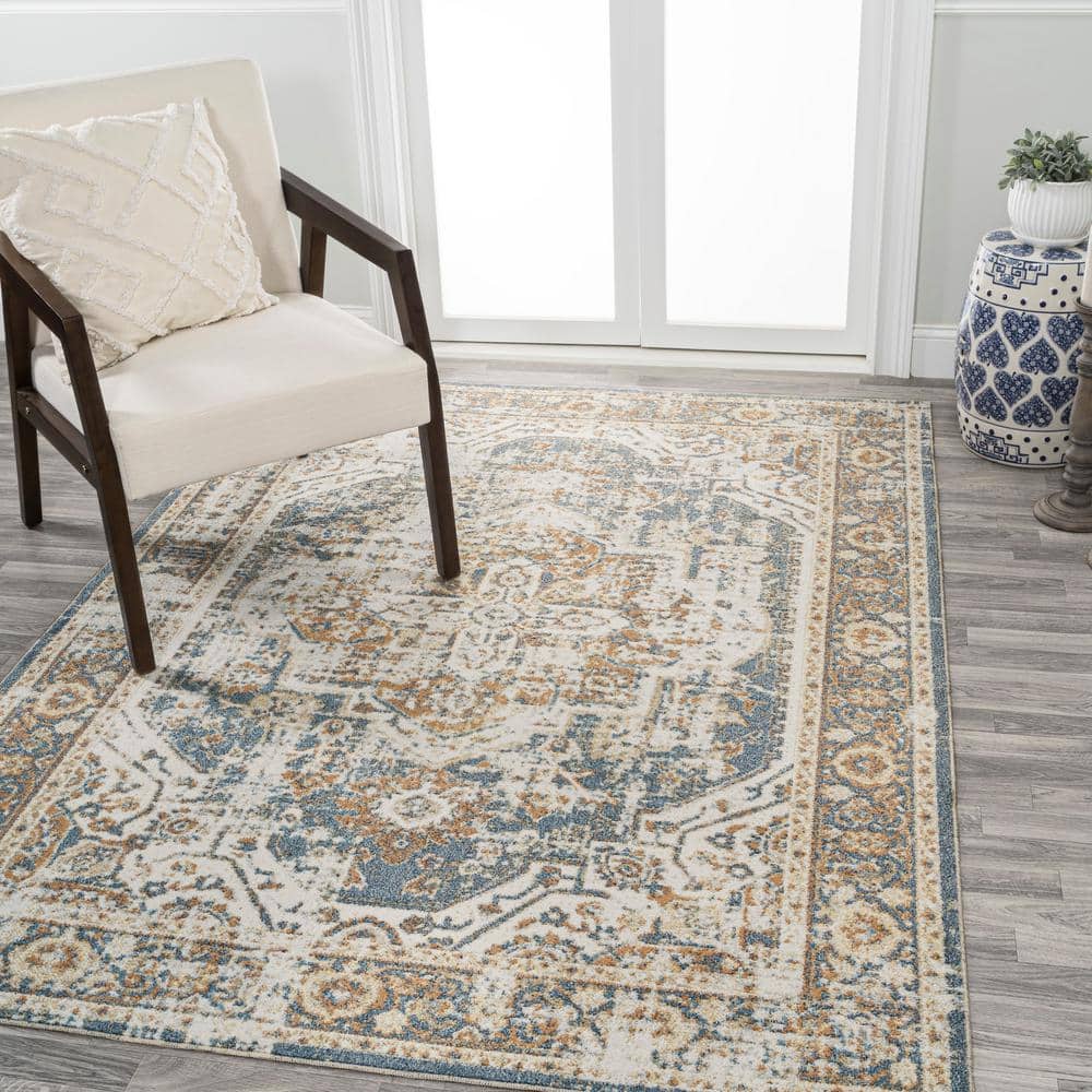 Blue and Cream Medallion Washable Synthetic 4' x 6' Rug