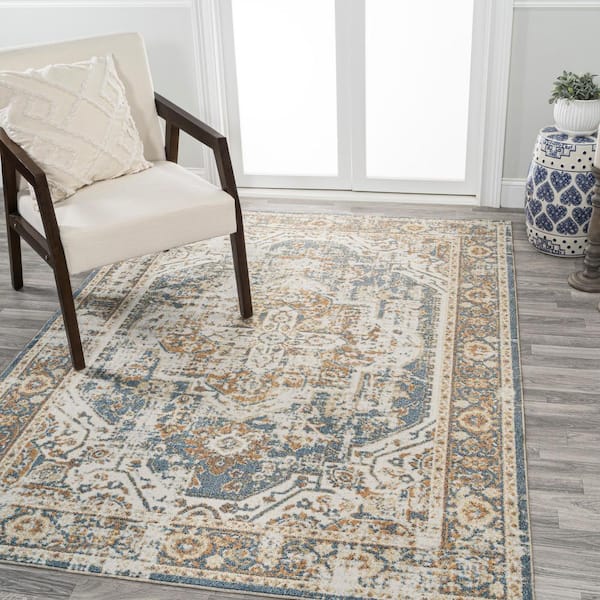 JONATHAN Y Keesha Blue/Cream 4 ft. x 6 ft. Bold Distressed Medallion Low-Pile Machine-Washable Area Rug