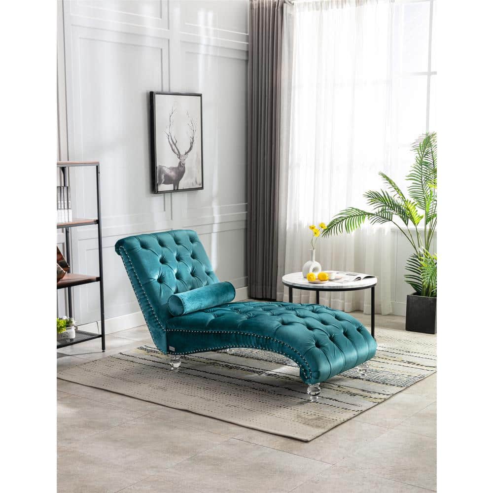 Teal Velvet Upholstered Leisure Armless Button Tufted Concubine Chaise